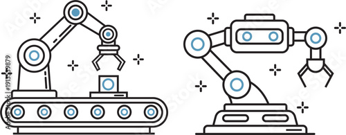 Industrial Robot Arm and Conveyor Belt Line Icons Set Vector Illustration