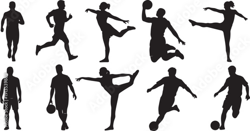 Silhouettes of soccer players in various dynamic poses action