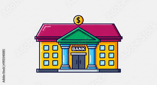 Colorful cartoon illustration of a bank building with a red roof and green triangular pediment