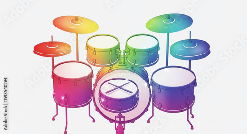 Rainbow colored drum set with cymbals on white background musical instrument for kids or beginners