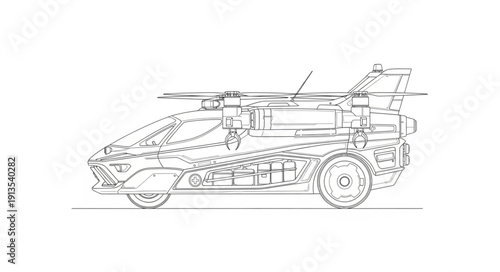 Futuristic Vehicle Sketch with Wheels and Wings.