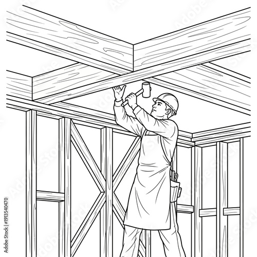 Professional Carpenter Installing Wood Beam During House Framing - Black and White Line Art Vector Illustration