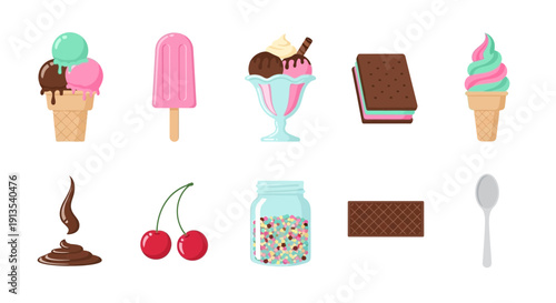 A collection of ten colorful ice cream treats and related toppings