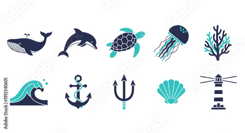 A set of ten dark blue and cyan nautical and marine icons on a white background