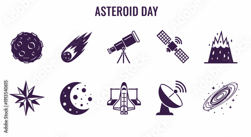 Asteroid Day graphic with space icons in two rows