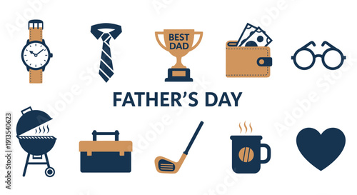 A white background graphic with ten icons related to Fathers Day above and below the text FATHERS DAY