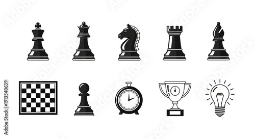 Black and white icons related to chess time trophies and ideas