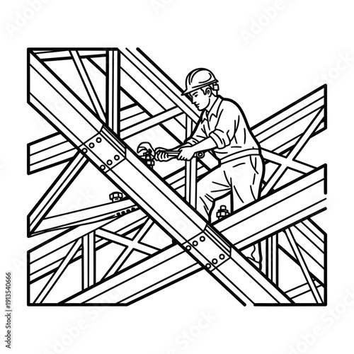 Line Art Illustration of Construction Worker on Steel Girder Structure, Hard Hat, Using Wrench, Building Assembly, Black and White Vector