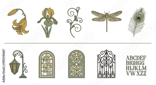 Collection of Art Nouveau style illustrations including flora fauna architectural elements and typography