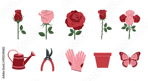 Collection of rose illustrations and gardening tools on white background