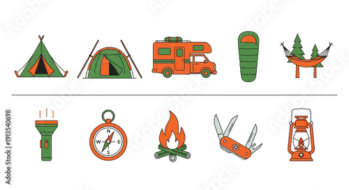 Collection of ten flatdesign outdoor camping and survival gear icons
