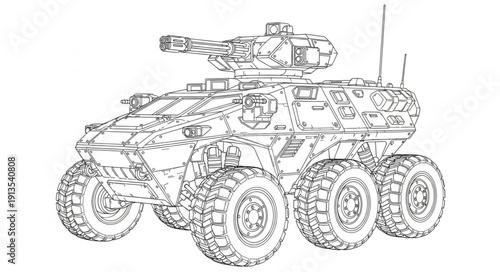 Detailed Sketch of an Armored Military Vehicle with a Turret.