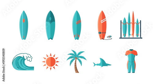 Flat design icons related to surfing surfboards wave sun palm shark and wetsuit