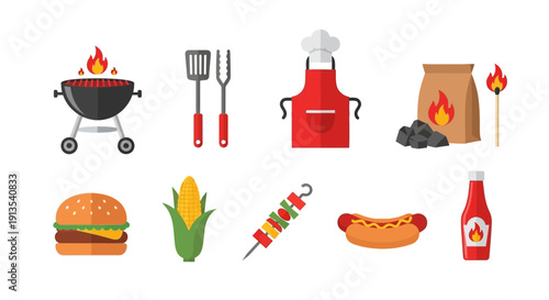 Flat icon set featuring barbecue grill tools food and accessories