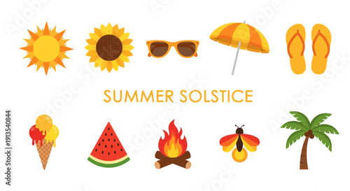Flat icons representing summer solstice elements arranged in two rows above and below text