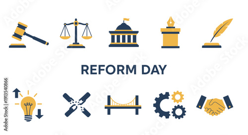 Graphic featuring REFORM DAY text surrounded by ten blue and yellow icons