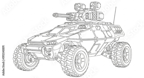 Armored military vehicle with a turret and wheels.