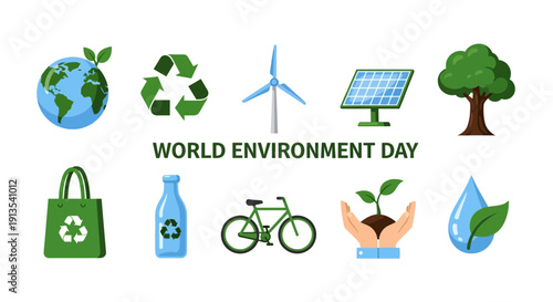 Illustrations related to World Environment Day featuring ecology icons