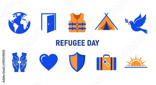 Refugee Day graphic with icons representing global travel aid and hope