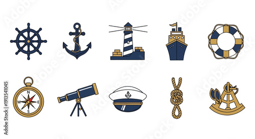 Nautical illustration set featuring a ships wheel anchor lighthouse boat life preserver compass telescope cap knot and sextant