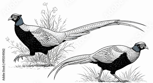 Illustration of two pheasants standing among foliage with detailed plumage and surroundings