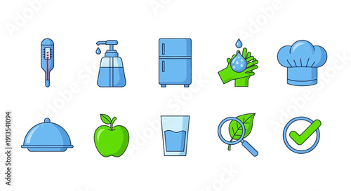 Row of ten blue and green flatstyle icons related to hygiene food and health