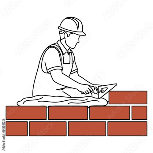 Mason Laying Bricks Outline Icon. Construction Worker in Hard Hat Building a Wall with Trowel. Bricklayer Profession Line Art Vector Illustration.
