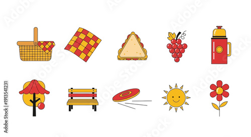 Ten colorful flatdesign vector icons related to a picnic outing arranged in two rows