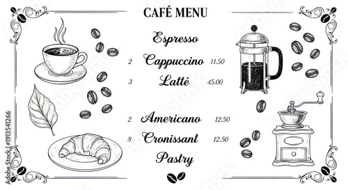 Hand-Drawn Cafe Menu with Coffee Drinks and Pastries