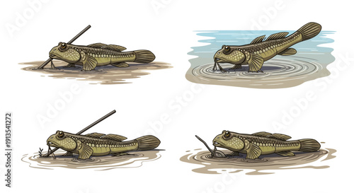 Military tanks in various positions on water and muddy terrain illustrated in a series of graphic images