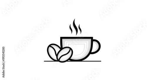 Hot Coffee Cup with Beans, Minimalist Icon, Steam Rising, Isolated on White Background