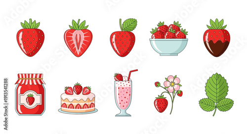 Ten cartoon icons illustrating strawberries and strawberry products on a white background