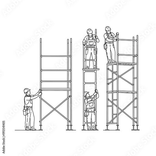 Line Art of Construction Workers Assembling Scaffolding. Builders in Hard Hats Working on Modular Metal Frames. Building Industry Concept Vector.