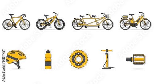 Yellow bicycle illustrations and gear icons arranged in two rows