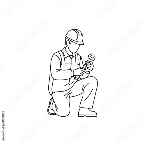 Repair Technician or Mechanic Kneeling and Working with Wrench Tool. Outline Icon Vector Illustration of Maintenance Handyman.