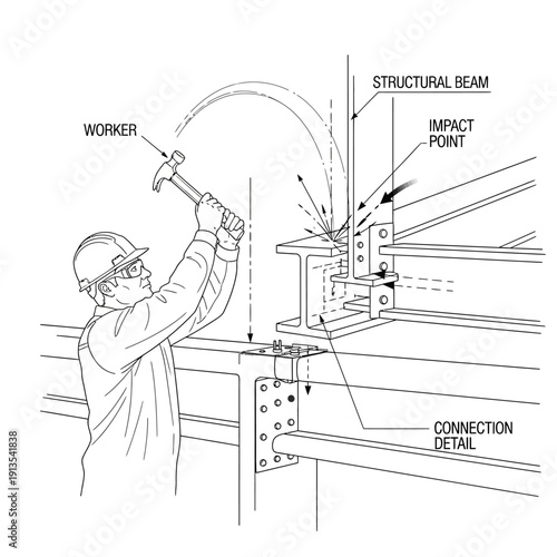 Safety Illustration: Construction Worker Hitting Structural Steel Beam Connection with Hammer Impact Point. Technical Engineering Diagram.