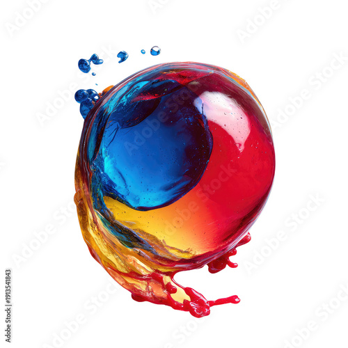 Vibrant liquid sphere with swirling blue, red, and yellow colors, creating a dynamic splash effect