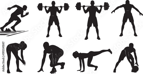 Silhouettes of people exercising in various fitness poses and movements