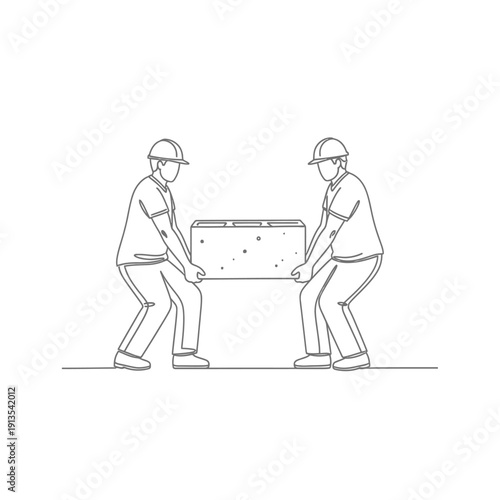 Continuous Line Drawing of Two Construction Workers Carrying a Heavy Concrete Block. Vector Illustration of Teamwork, Labor, and Building Safety.