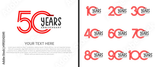 anniversary logo set with red ribbon. red number on white background for celebration moment