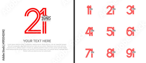 anniversary logo set with red ribbon. red number on white background for celebration moment