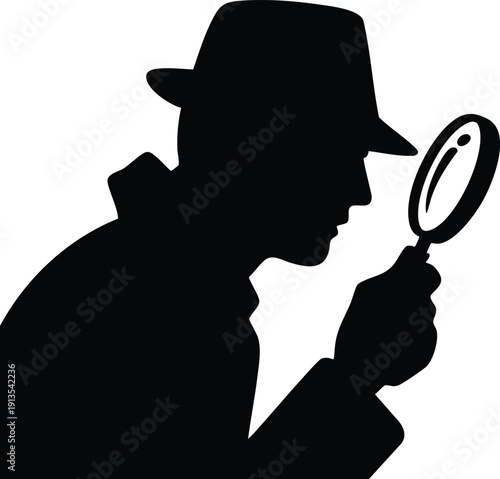 Minimalist Noir Graphic: Private Investigator Examining Evidence, Clean Vector Illustration Representing Mystery, Search, and Discovery, vector, illustration, silhouette.