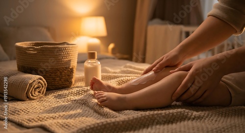 Baby leg massage with lotion, warm evening light at home