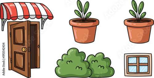 Store Entrance and Gardening Icon Set Featuring an Open Wooden Door with Striped Awning Potted Plants Green Bushes and Window