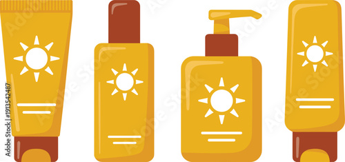 Sunscreen and Sun Protection Icon Set Featuring Yellow Bottles Tubes and Pump Dispenser with Sun Symbols for Skincare Safety