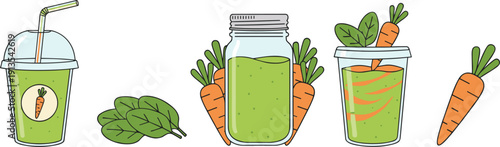 Healthy Green Smoothie Set with Fresh Spinach Leaves Orange Carrots and Mason Jar for Nutritious Vegetable Drink Illustration