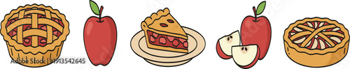 Homemade Apple Pie Set Featuring Whole Red Apples Lattice Crust Pies a Slice on a Plate and Fresh Apple Wedges Vector Icons