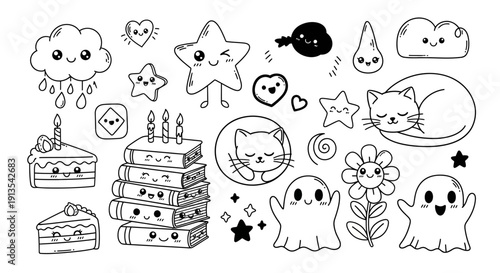 Whimsical cartoon scene featuring ghosts, cats, and stars in a dreamy environment from a direct viewpoint