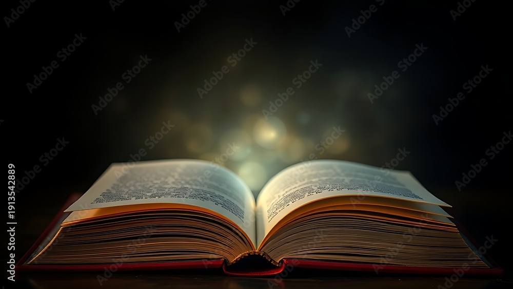 Obraz premium Open hardcover book with glowing light effect symbolizing knowledge