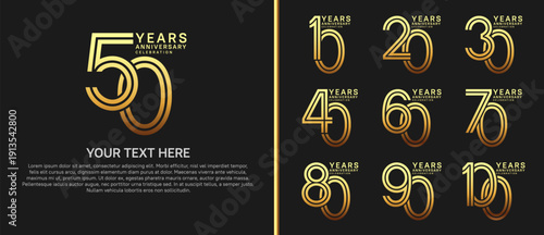 anniversary logo set multiple line style. gold color on black background for celebration moment